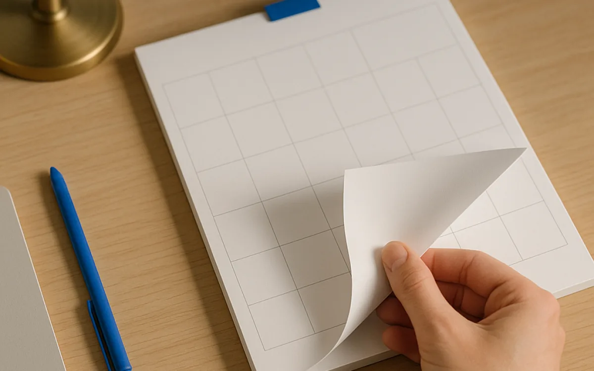 A close-up of a hand turning the page of a wall calendar from February to March, with a desk lamp casting warm light on the paper.
