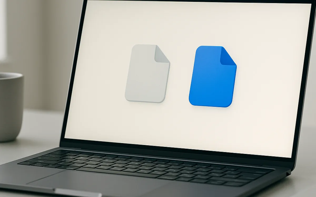 A close-up of a laptop screen showing two overlapping file icons on a clean desk, with a notebook and pen beside it.