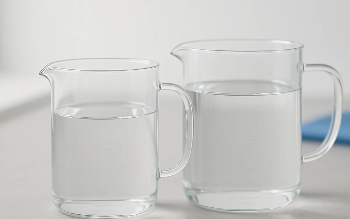 Two clear measuring jugs on a kitchen counter, one filled to the US pint mark and the other to the imperial pint mark, showing visibly different liquid levels.