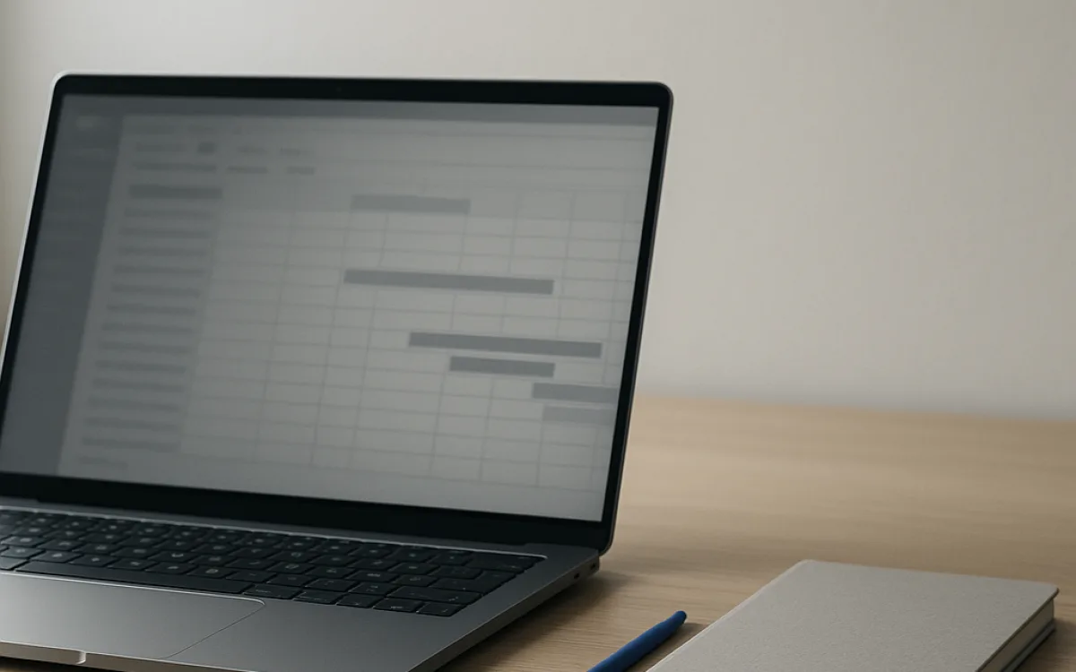 A laptop screen showing a browser's developer tools network panel on a tidy wooden desk, with a notebook and pen beside it.