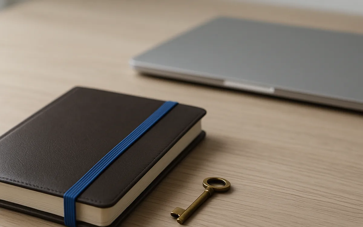 A small notebook and a brass key resting on a wooden desk next to a closed laptop, suggesting offline password recovery.