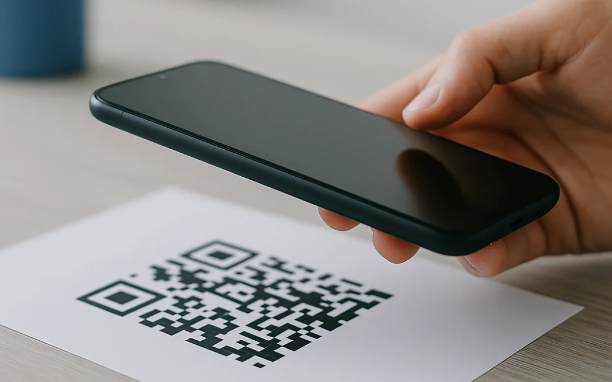 A close-up of a printed QR code on a matte paper flyer, photographed at an angle under soft daylight, with a smartphone held just above it.