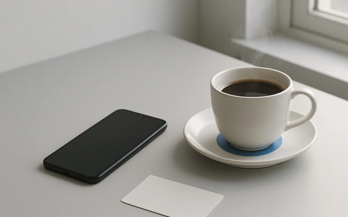 A smartphone and a coffee cup on a small café table, with a blank card lying face-down beside the saucer.
