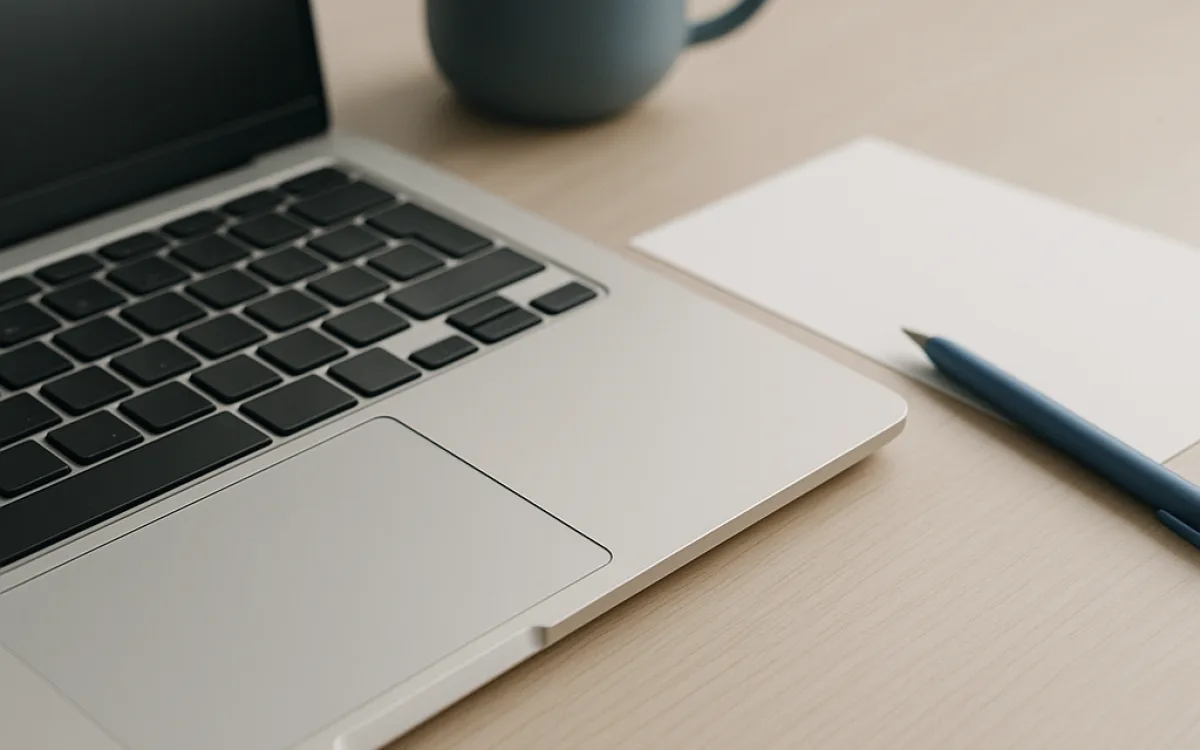 A laptop keyboard and a blank sheet of paper on a wooden desk in soft window light.