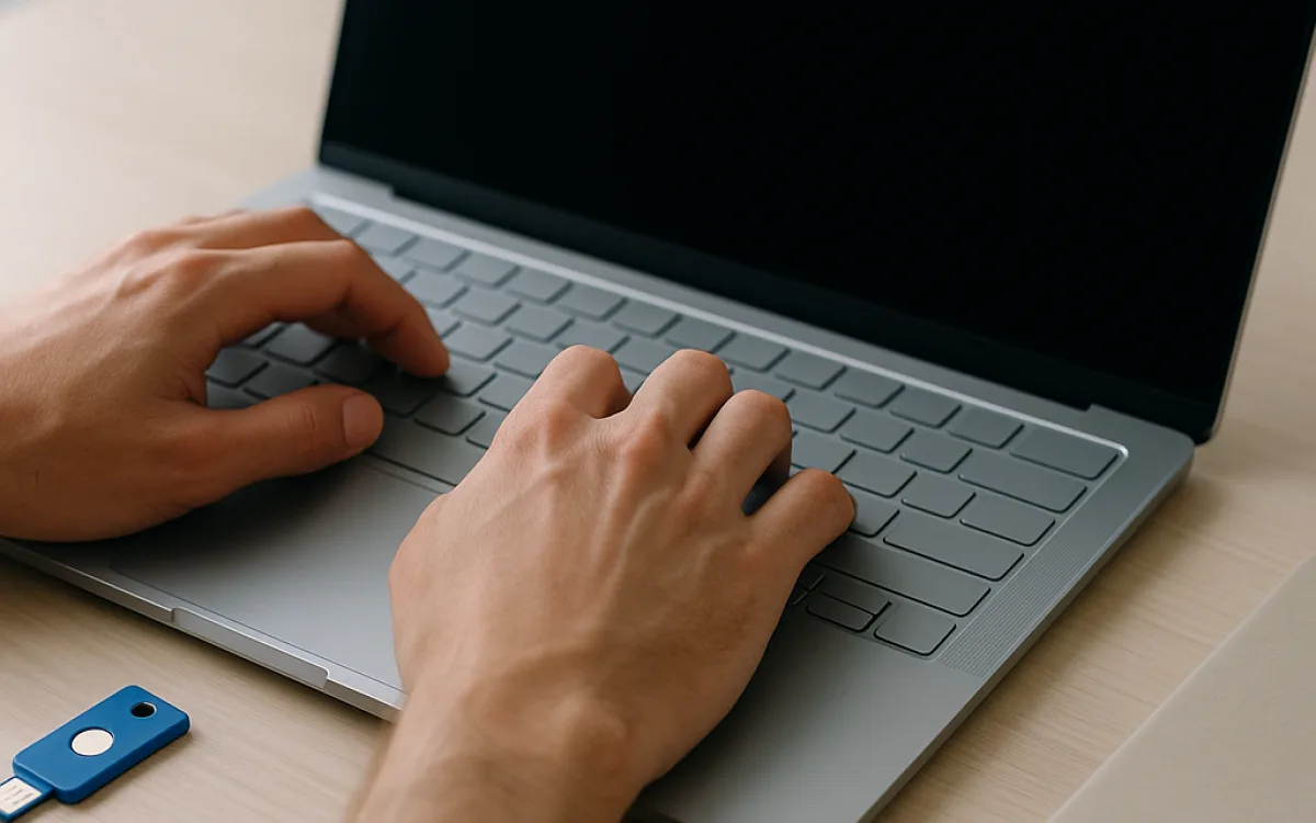 A close-up of a hand typing on a laptop keyboard in soft window light, with a notebook and a hardware security key resting nearby.