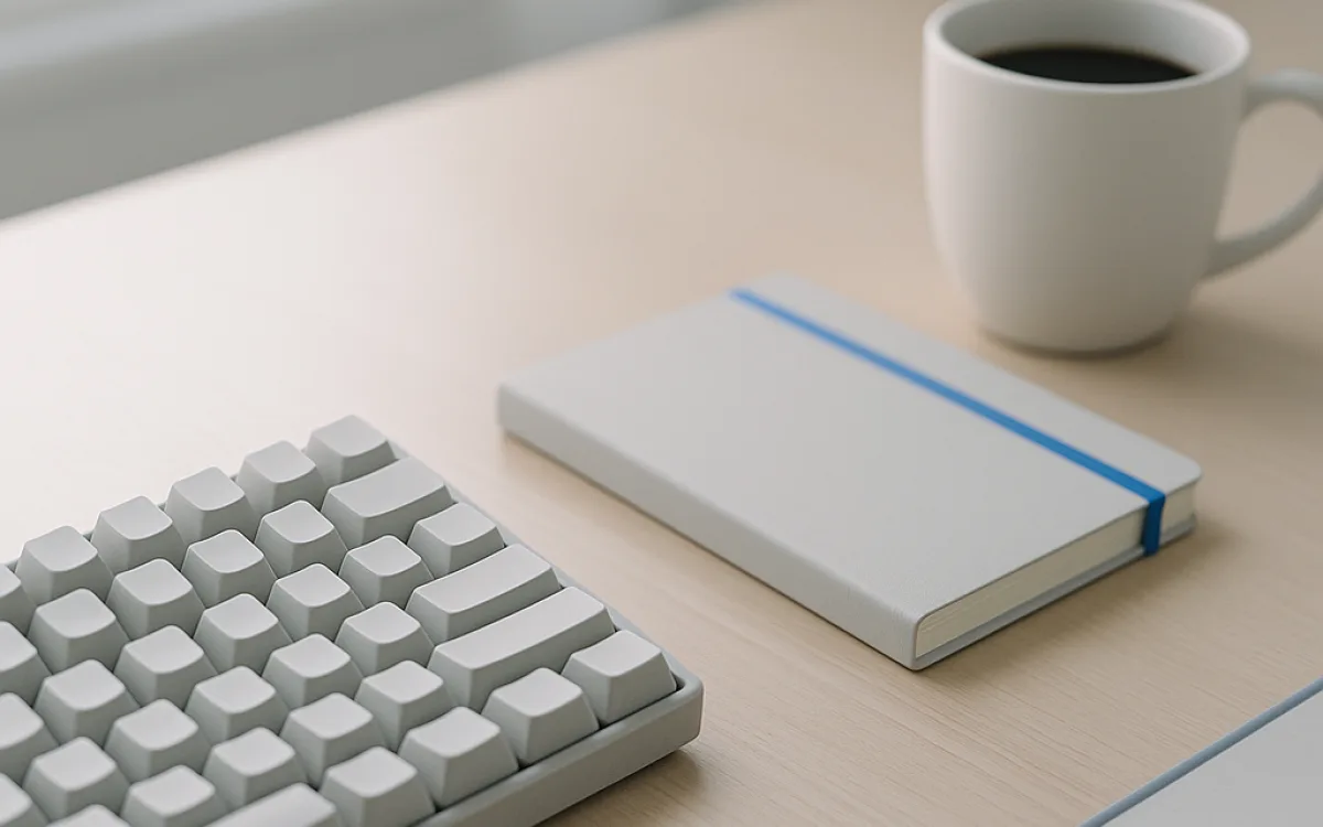 A close-up of a keyboard and a notebook on a clean desk, with soft natural light from a nearby window.