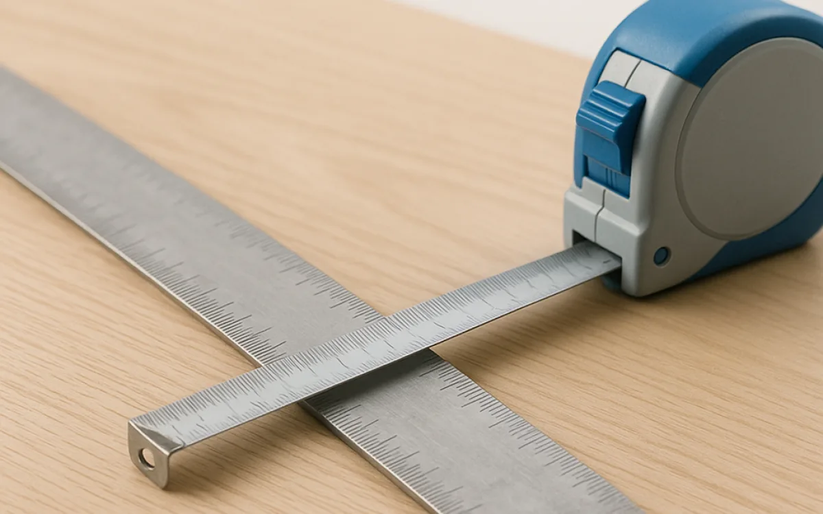A close-up of a metal ruler and a tape measure lying on a wooden workbench, showing both metric and imperial markings side by side.