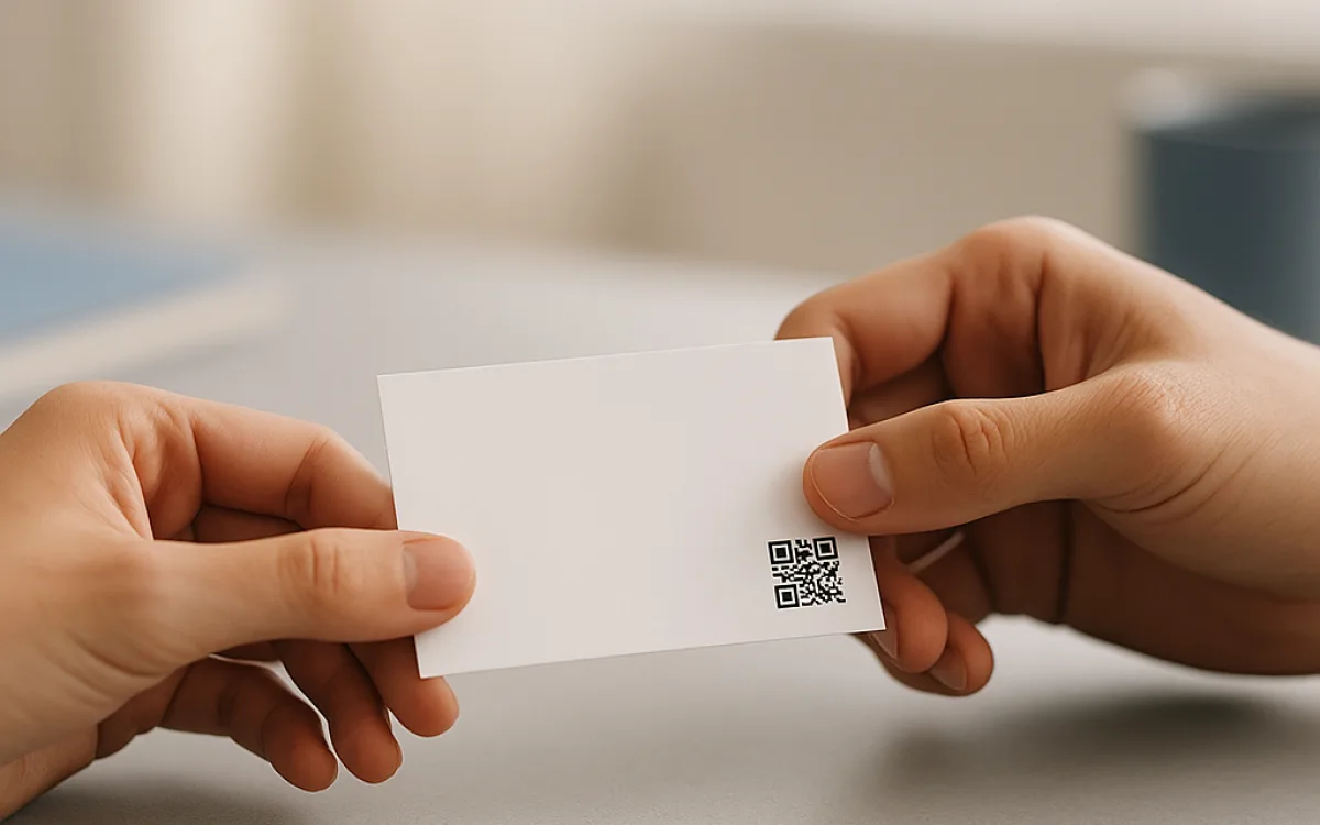 A close-up of two hands exchanging a plain white business card that has a small black QR code printed in one corner, with a blurred café table in the background.