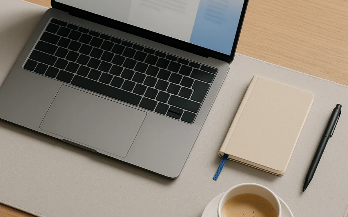 A close-up of a laptop screen showing blurred word-count figures, with a notebook and pen resting beside the keyboard.
