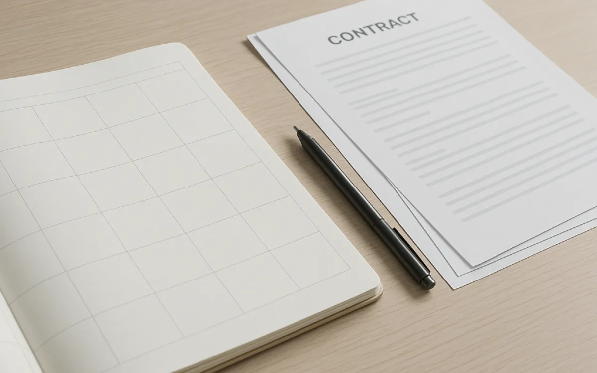 A desk calendar showing a marked deadline sits beside a pen and a printed contract in soft office light.